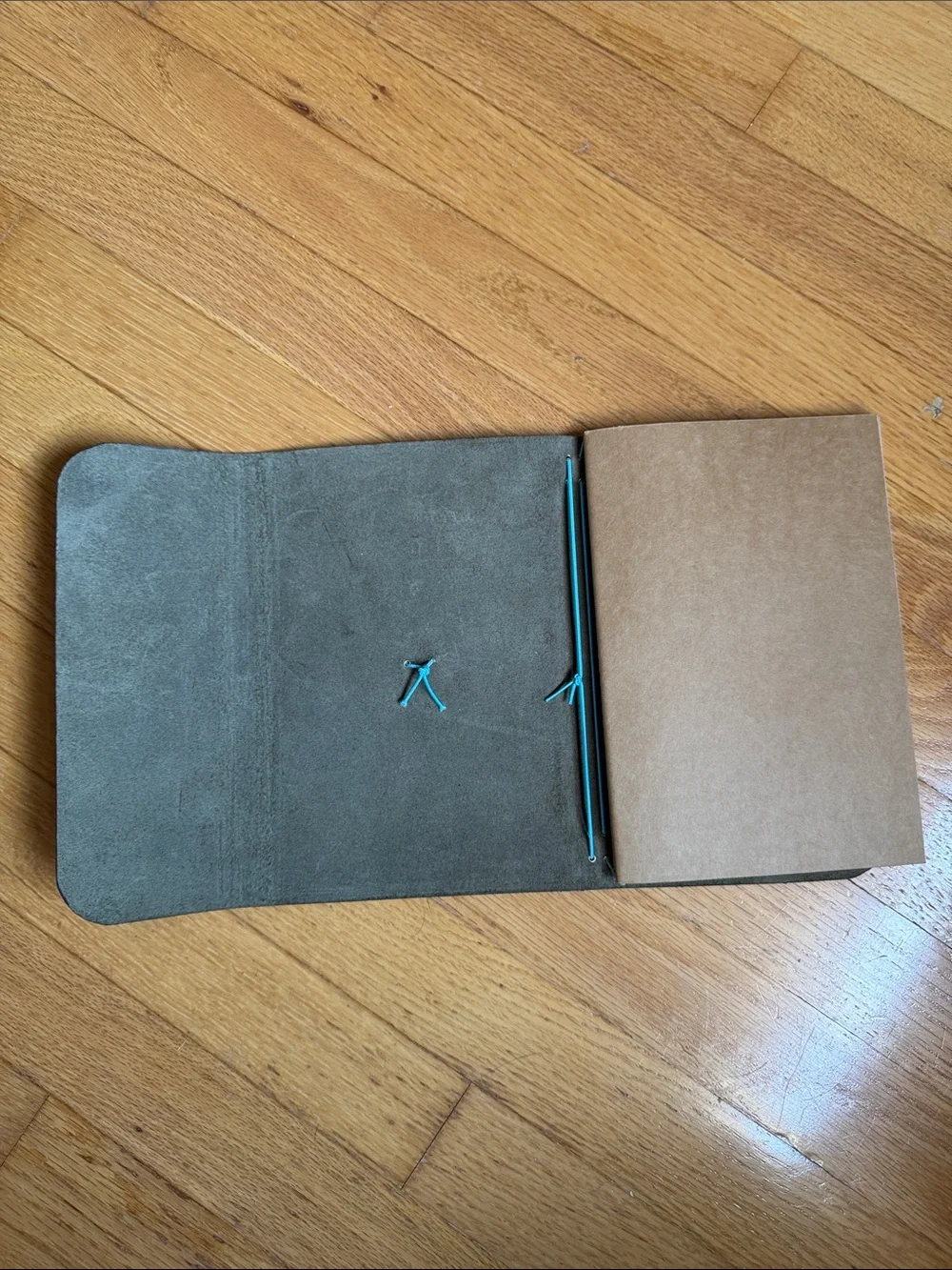 Leather A5 Journal/ Notebook olive green with Blue Elastic Closure